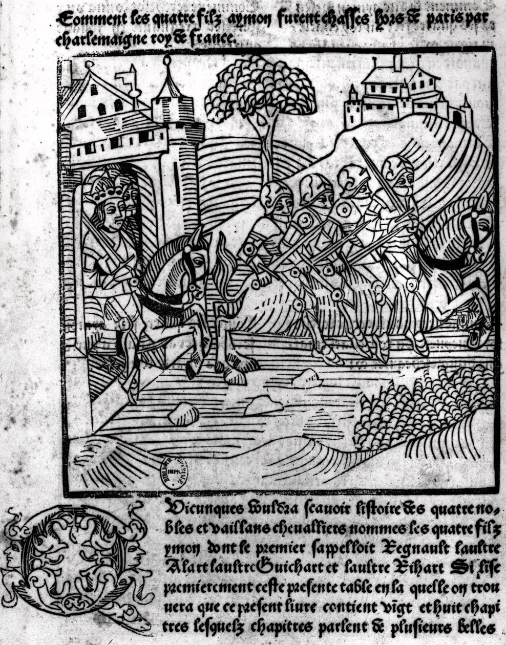 Aymon négy fiát elkergeti Nagy Károly (742-814), Franciaország királya, a "Renaud" vagy "Les Quatre Fils Aymon" című műből, 1483 körül (xilográfia). alkotó: French School
