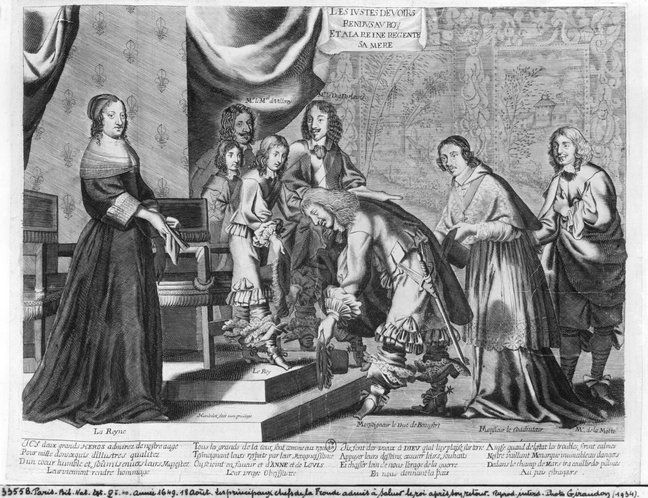 A Fronde főnökei elismerték, hogy 1649. augusztus 18-án köszöntik XIV. Lajos királyt (1638-1715) visszatérése után. alkotó: French School
