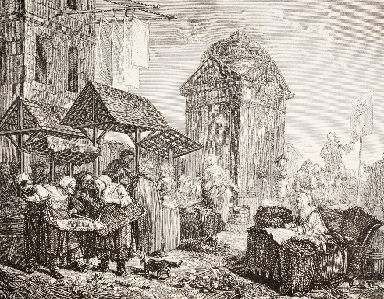 A párizsi Place Maubert piaca a 18. században, Jeaurat 1875-ben megjelent „XVIII. Siecle Institutions, Usages et Costumes” című munkája nyomán. alkotó: French School