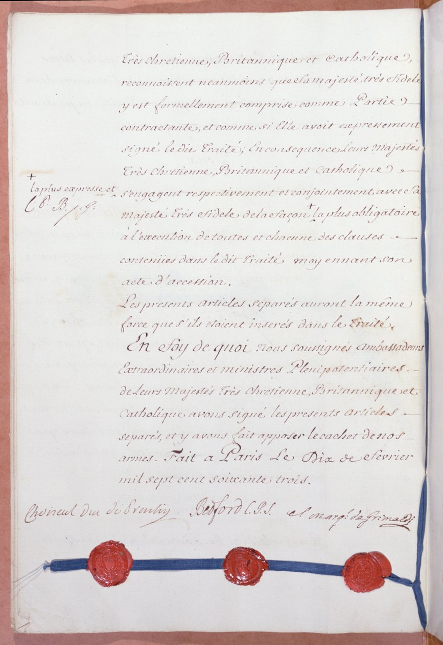 A hétéves háborút lezáró párizsi békeszerződés, amelyet Franciaország, Nagy-Britannia és Spanyolország írt alá 1763. február 10-én alkotó: French School