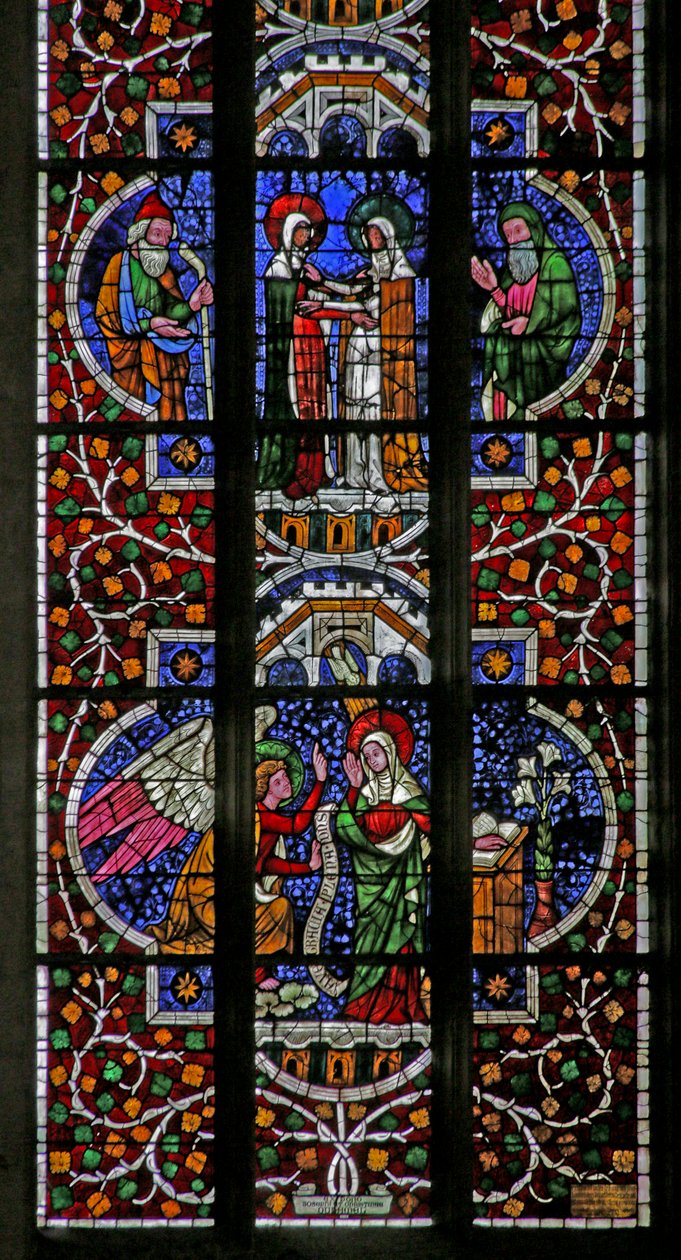 Krisztus gyermekkorát ábrázoló ablak (többnyire modern): Látogatás, Angyali üdvözlet, XVI-XIX. alkotó: French School