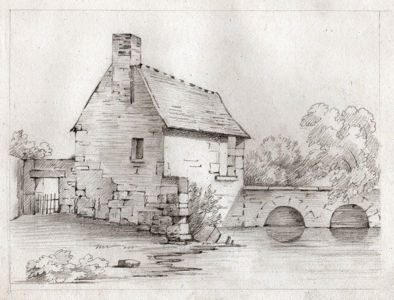 Ház a folyó mellett. (rajz, 1830 körül) alkotó: French School