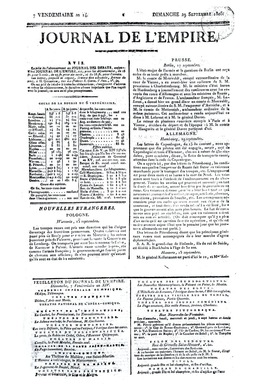 Journal de lEmpire, 1805. szeptember 29. (nyomtatott) alkotó: French School