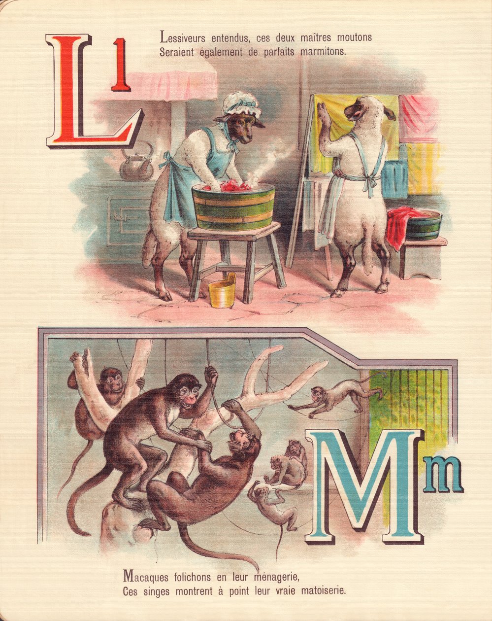 L M: bárány, mosoda, majmok, menazséria alkotó: French School