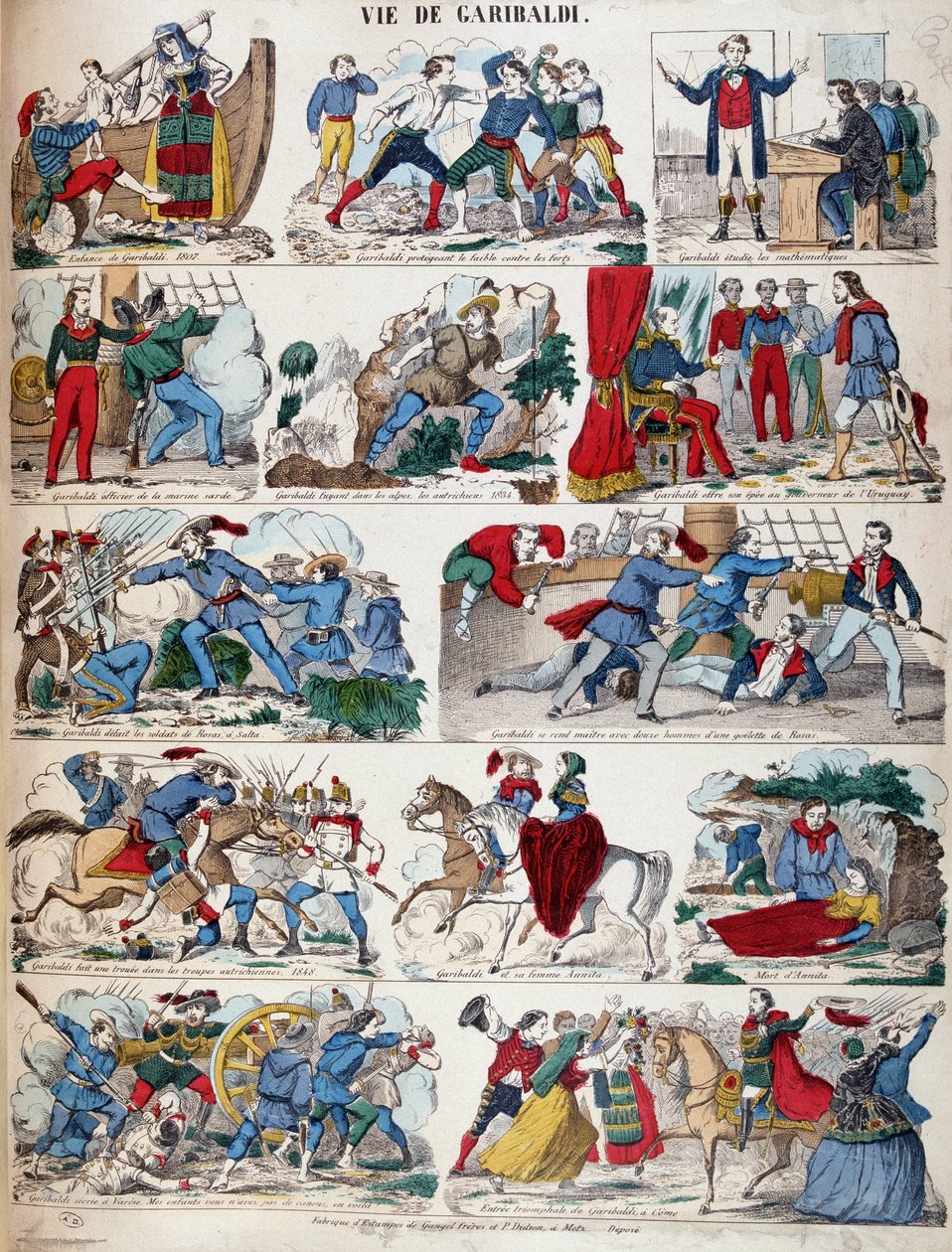 Giuseppe Garibaldi élete több rajzon. alkotó: French School