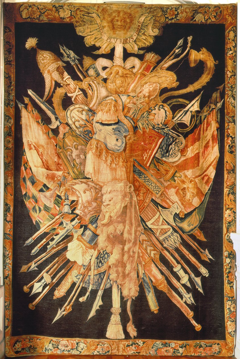 Háborús trófeákat ábrázoló kárpit (textil) alkotó: French School