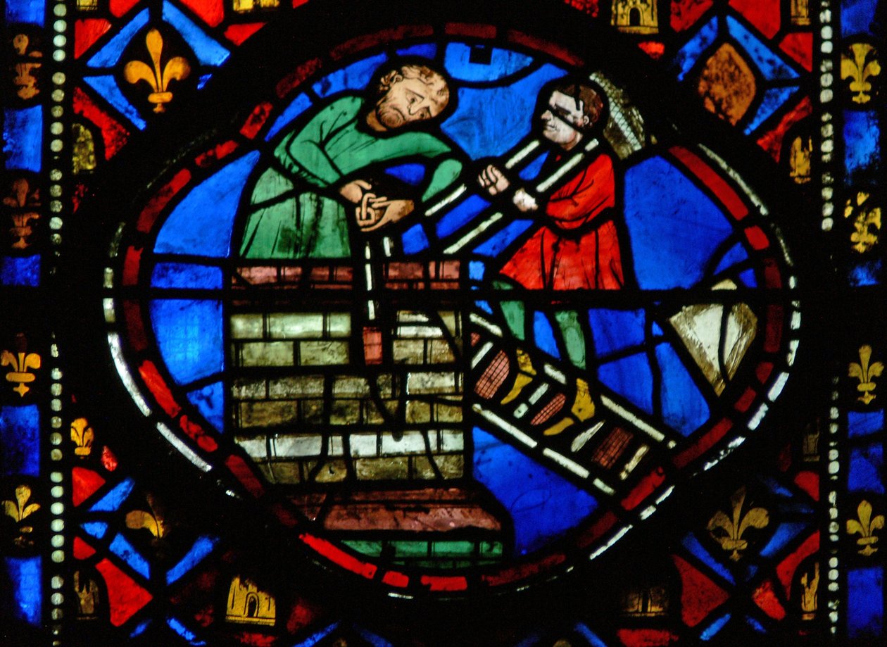 Theophilust ábrázoló Ew-R ablak templomot épít alkotó: French School