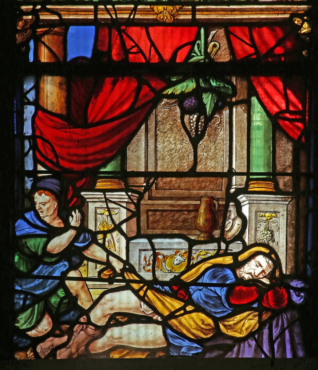 W40 ablak, amely Noé szégyenét ábrázolja alkotó: French School