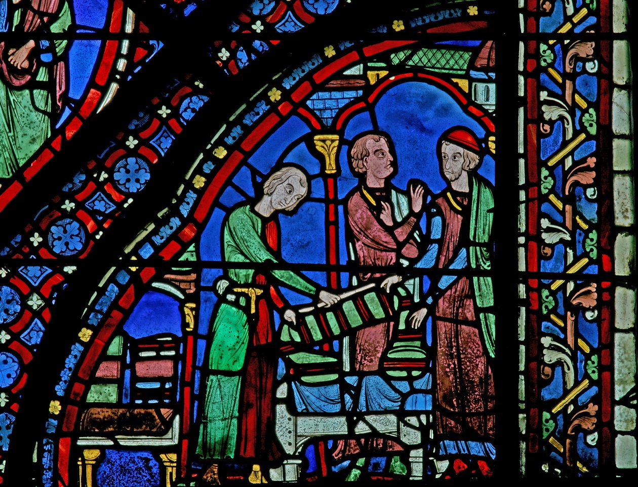 W5 ablak, amely adományozókat - drapériákat ábrázol alkotó: French School