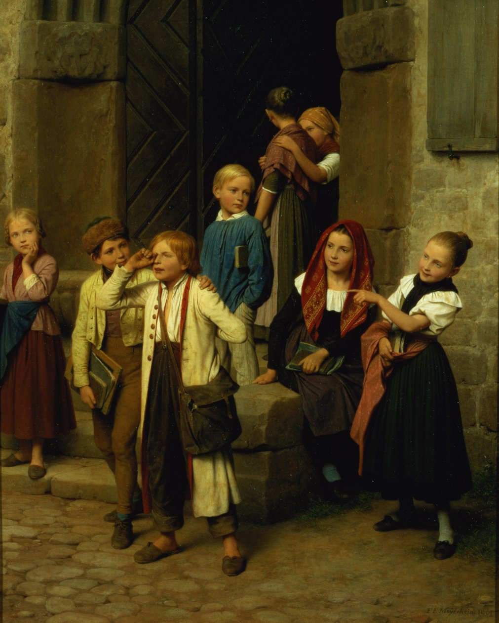 Iskolás gyerekek sírva néznek egy fiút, 1861 alkotó: Friedrich Edouard Meyerheim