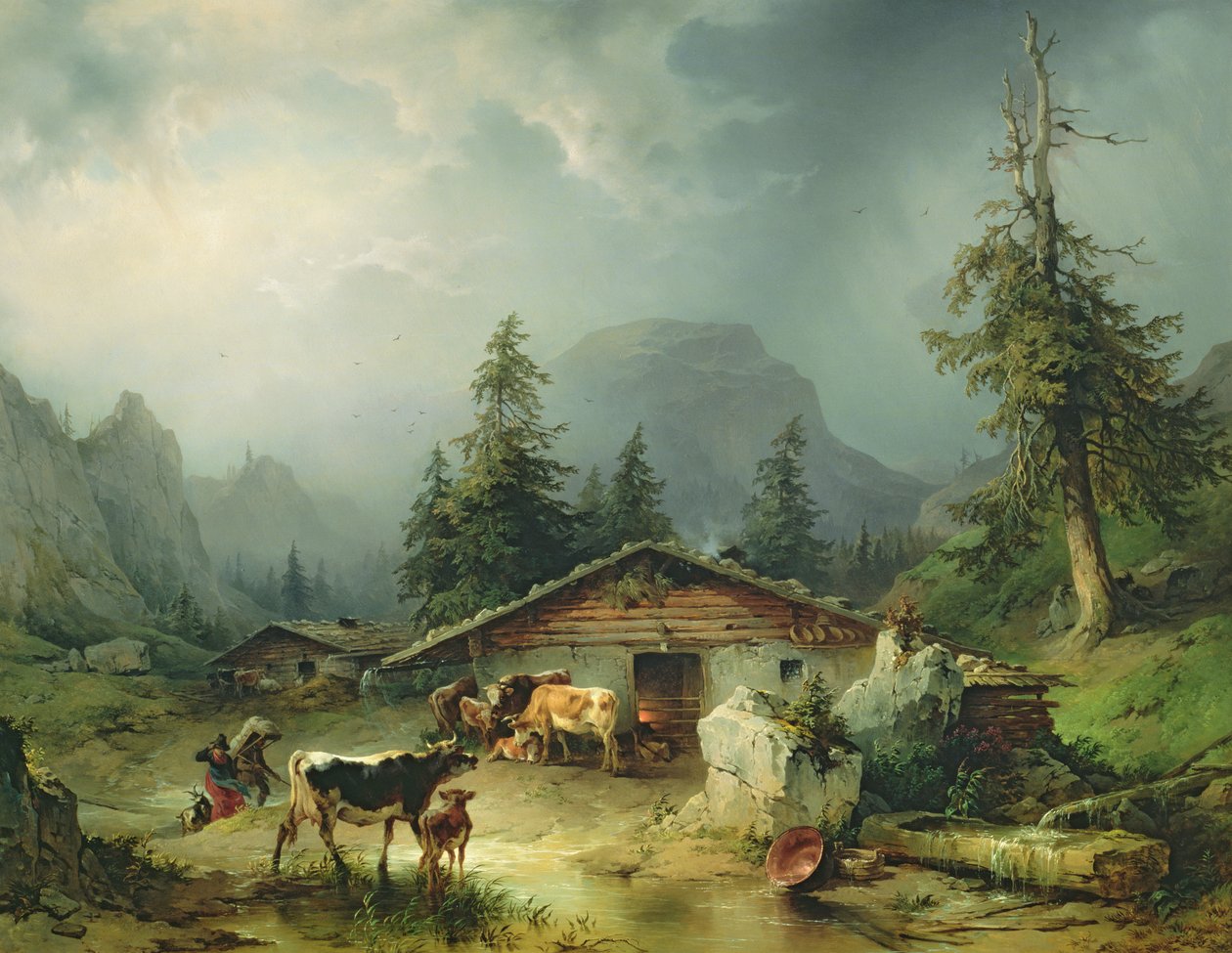 Alpesi kunyhó esős időben, 1850 alkotó: Friedrich Gauermann