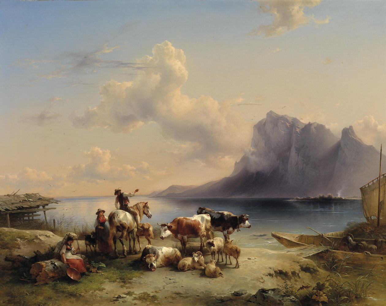 Pásztorok és marhák az Attersee -ben alkotó: Friedrich Gauermann