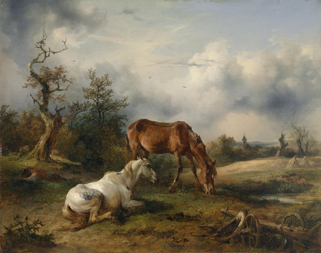 Két ló (fehér ló és róka) a legelőn alkotó: Friedrich Gauermann