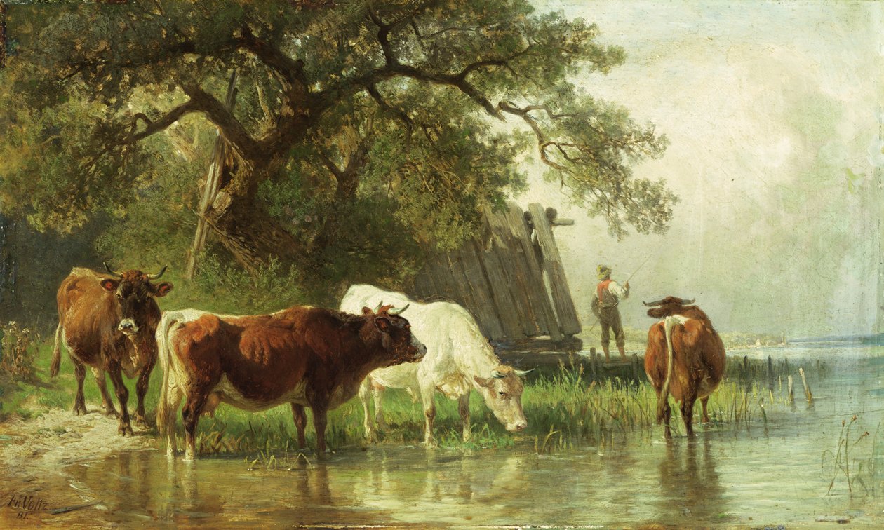 Szarvasmarha itatás a folyó táján, 19. század alkotó: Friedrich Johann Voltz