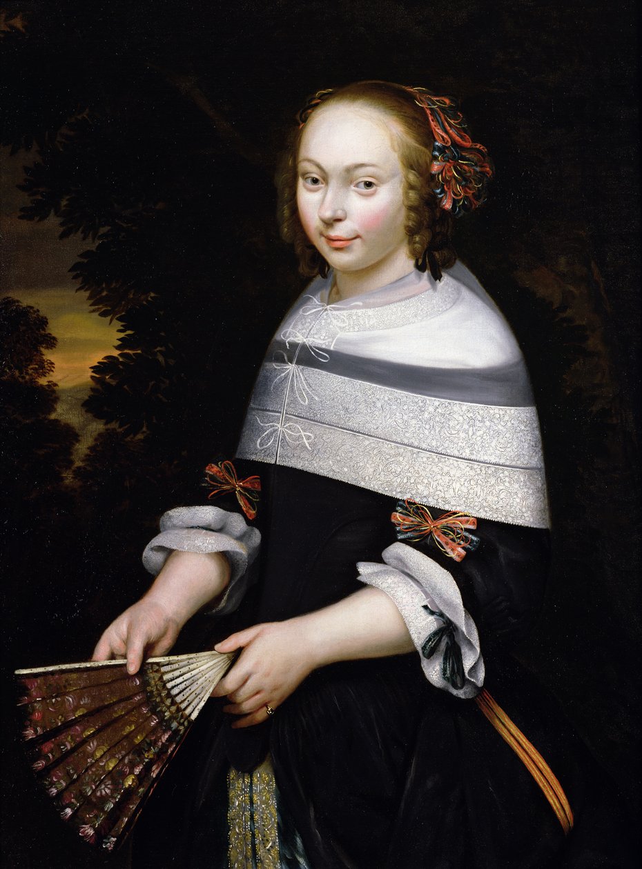 Egy legyezőt tartó fiatal lány portréja, egy táj a túloldalon, 1650 körül alkotó: Friesian School