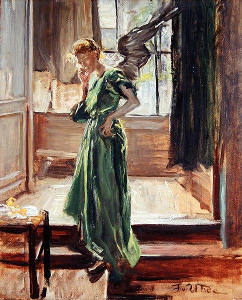 Pihenő modell (olaj, papír) alkotó: Fritz von Uhde