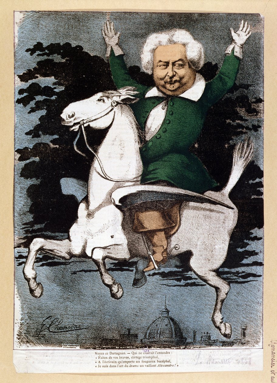 Alexandre Dumas pere (1803-70) testőr karikatúrája, illusztráció a La Marotte-ból, 1868 alkotó: G. Chanoine