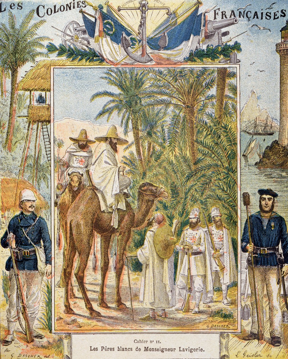 Lavigerie bíboros fehér atyái Afrikában, egy iskolai könyv borítója, L. Geisler metszete, 1880-90 körül. alkotó: G. Dascher