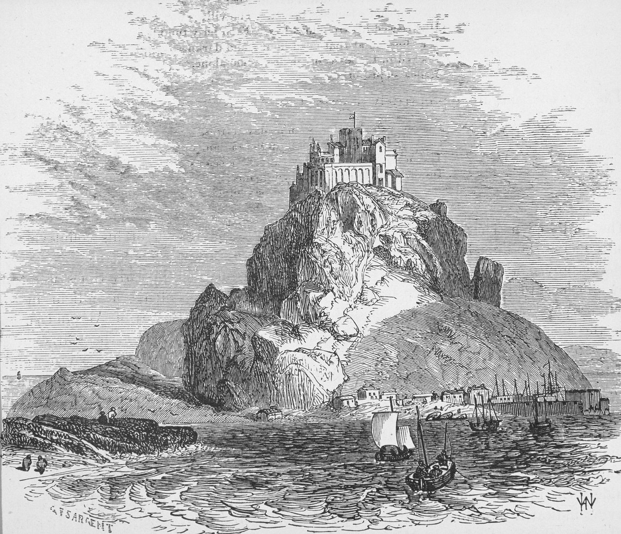 Szent Mihály-hegy, Cornwall, Anglia, Thomas Milner tiszteletes "The Gallery of Geography" című művéből, kiadva 1880 körül. alkotó: G. F. Sargent