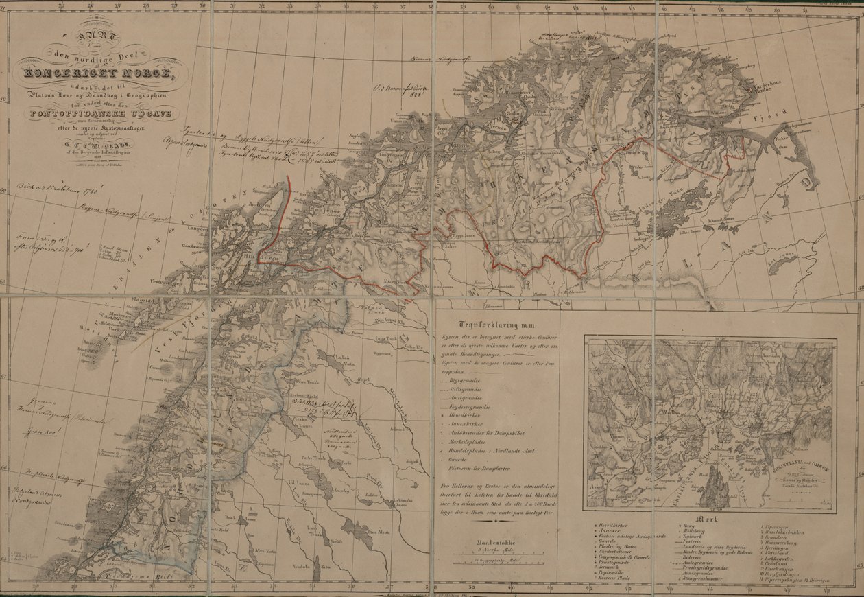 Térkép a Nemzeti Könyvtár térképgyűjteményéből. A térkép Bergenben (1839) jelent meg, és Észak -Norvégiát mutatja alkotó: G Prahl