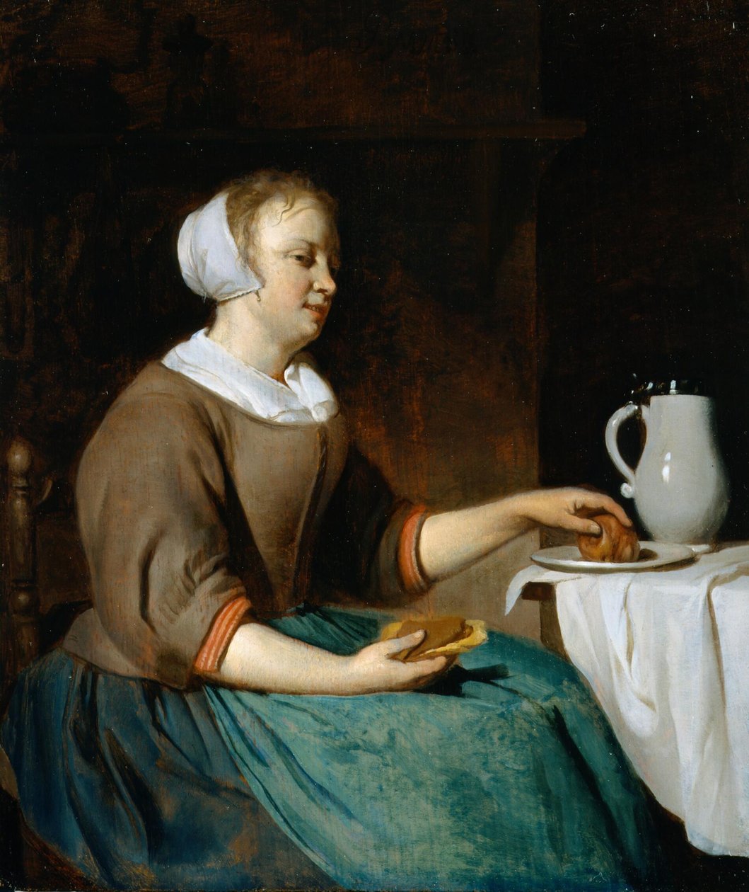 Fiatal nő eszik egy asztalnál alkotó: Gabriel Metsu