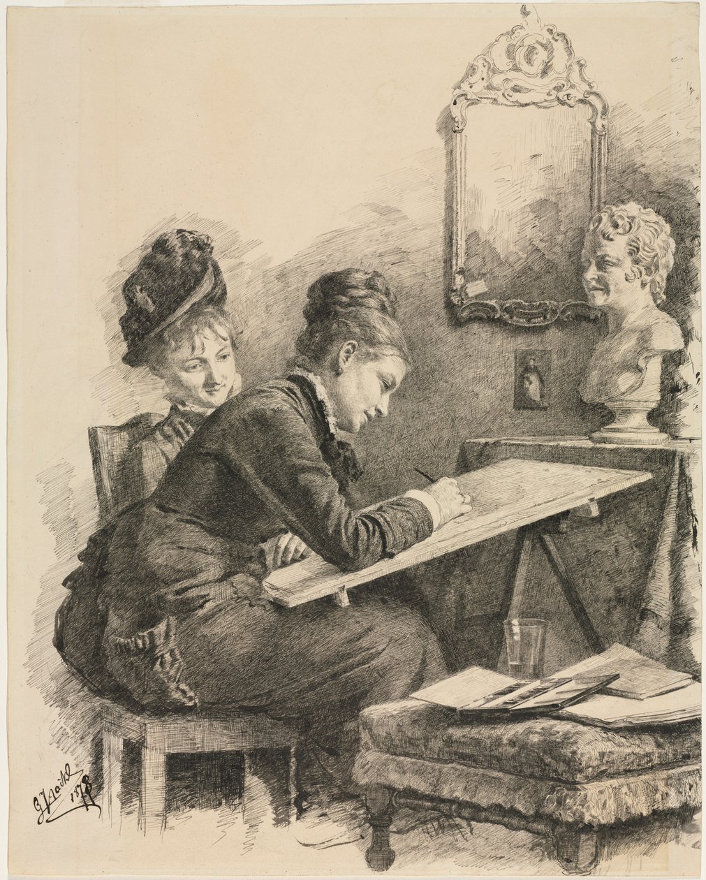 Két nő szobrot rajzol, 1878. alkotó: Gabriel von Hackl
