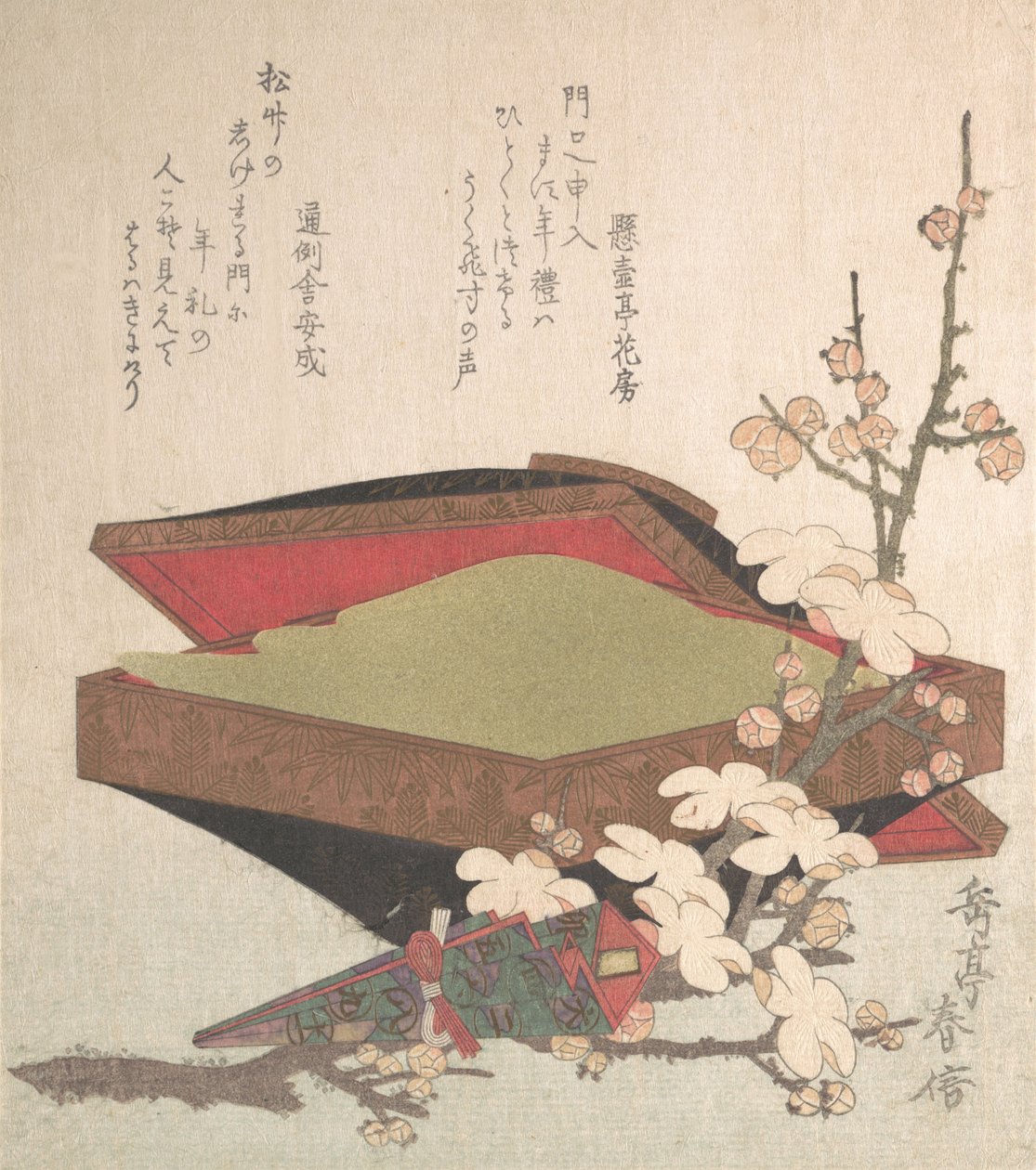 Szilvavirágok és süteménydoboz, 1819. alkotó: Gakutei