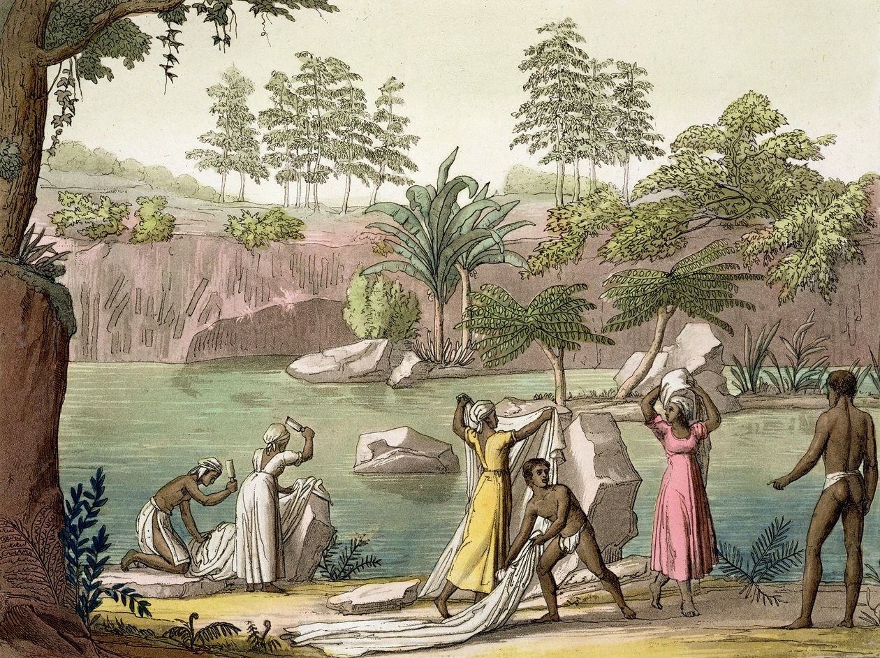 Folyó a madagaszkári San Benedetto közelében, Jules Ferrario „Le Costume Ancien et Moderne” 81-es táblája, az 1820-as és 30-as évek körül megjelent alkotó: Gallo Gallina
