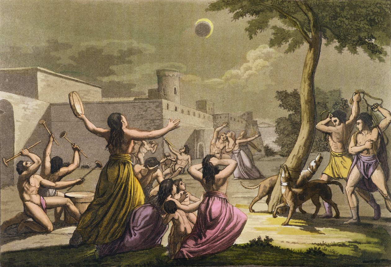 A peruiak terrorja holdfogyatkozás közben, Jules Ferrario: „Le Costume Ancien et Moderne”, I. kötet, 19. lemez, az 1820-as és 30-as évek körül megjelent (színes metszet) alkotó: Gallo Gallina