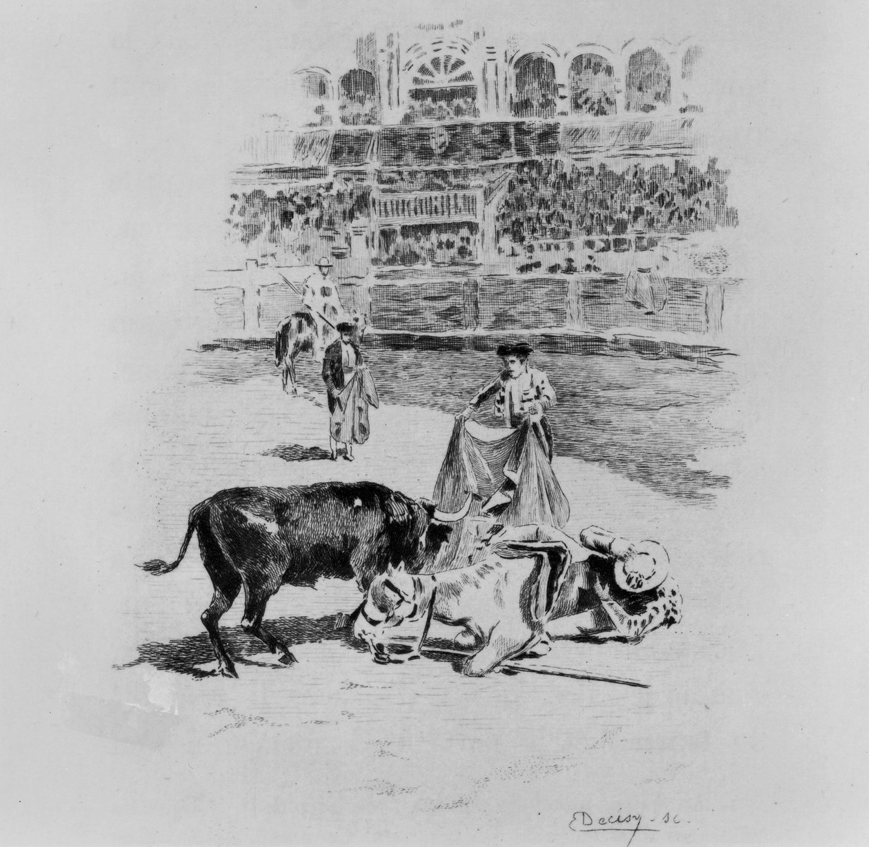 Egy Picador bukása, Prosper Merimee (1803-70) Carmen-illusztrációja, Eugene Decisy (1866-kb. 1936) metszete alkotó: Gaston Vuillier