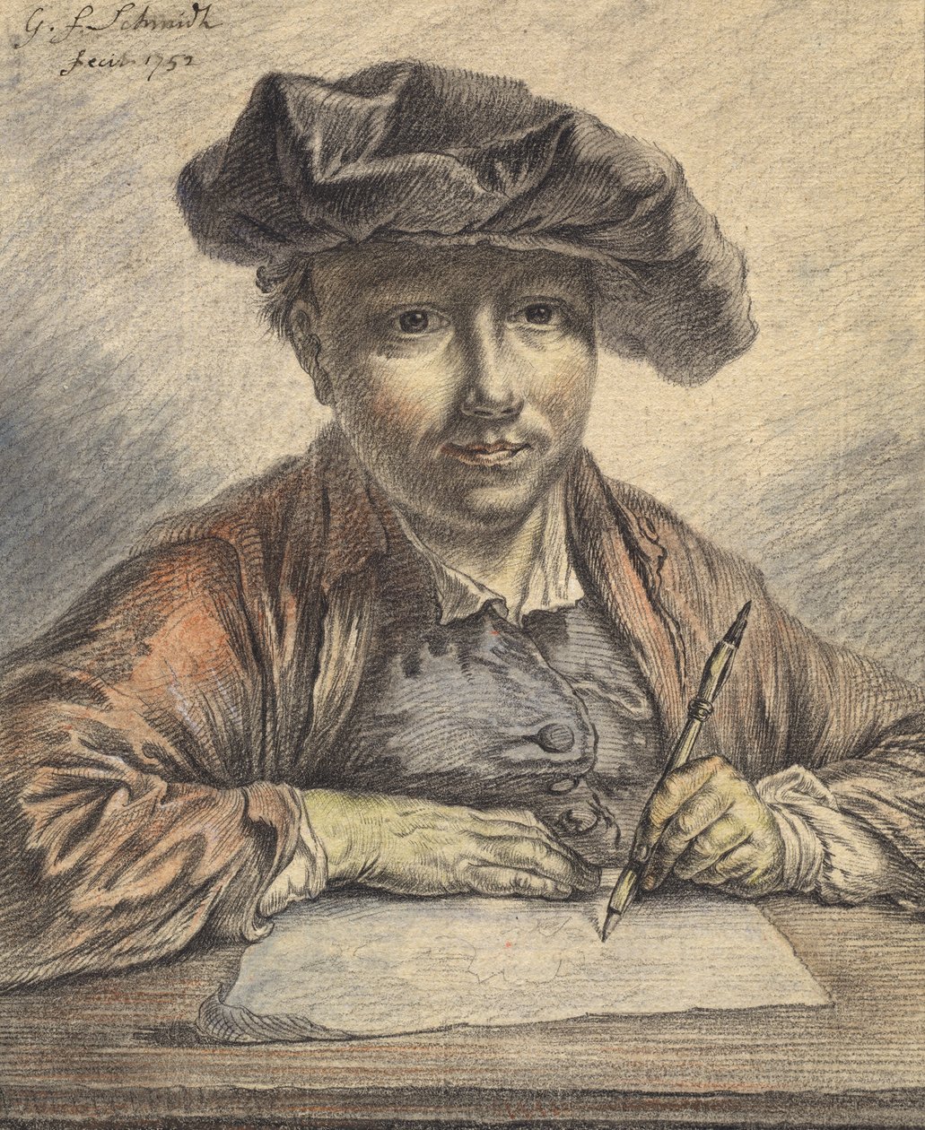Önarckép-vázlat, 1752 (fekete-piros kréta akvarellel, pasztellel, tollal és fekete tintával) alkotó: Georg Friedrich Schmidt