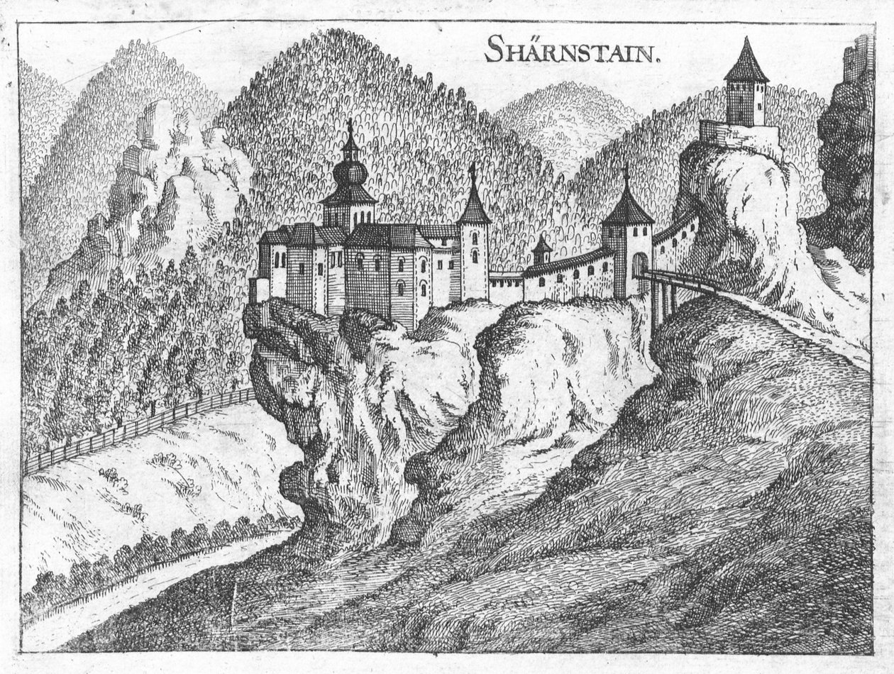 Gravírozás, kilátás a felső -ausztriai Scharnstein kastélyra alkotó: Georg Matthaus Vischer