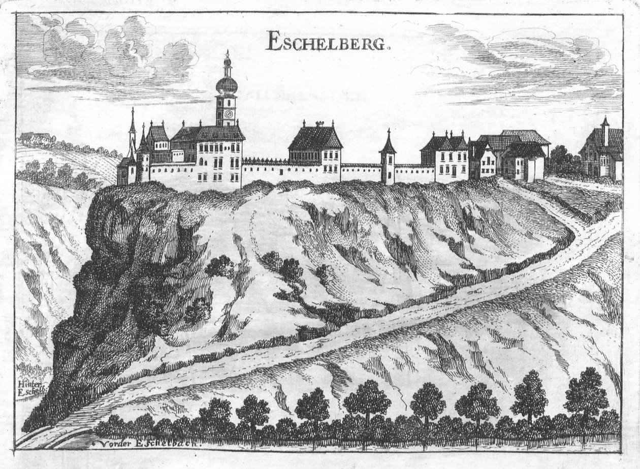 Metszet, kilátás az Eschelberg kastélyra alkotó: Georg Matthäus  Vischer