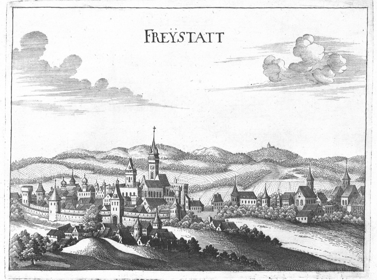 Gravírozás, kilátás Freistadtra, Felső -Ausztriába alkotó: Georg Matthaus Vischer