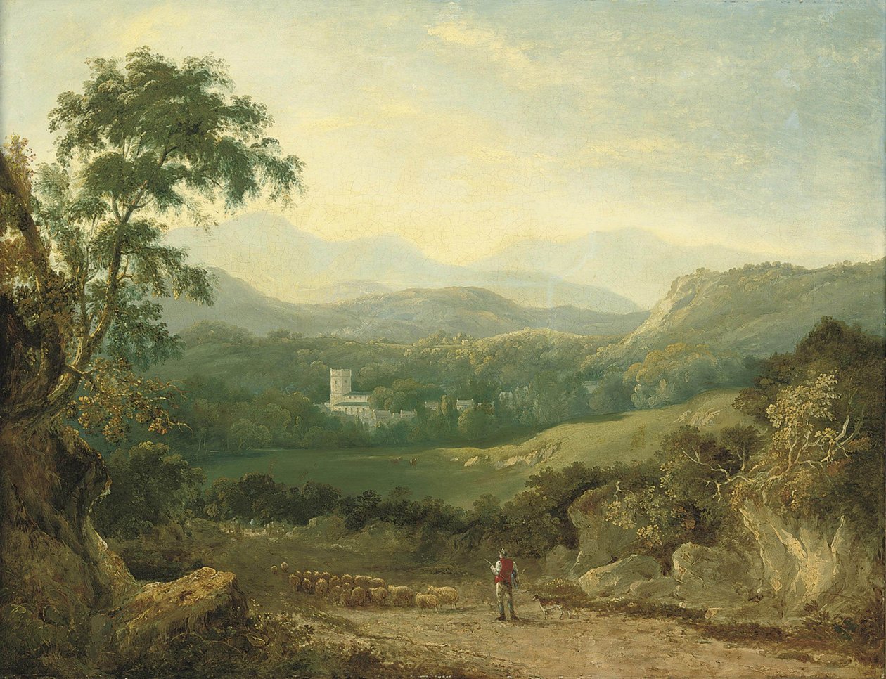 Hegyvidéki táj Porthmadog közelében, pásztorral, nyájával és collie -val egy sávban, egy utazóval a távolban, tehenekkel a dale -ban és egy faluval azon túl alkotó: George Barret