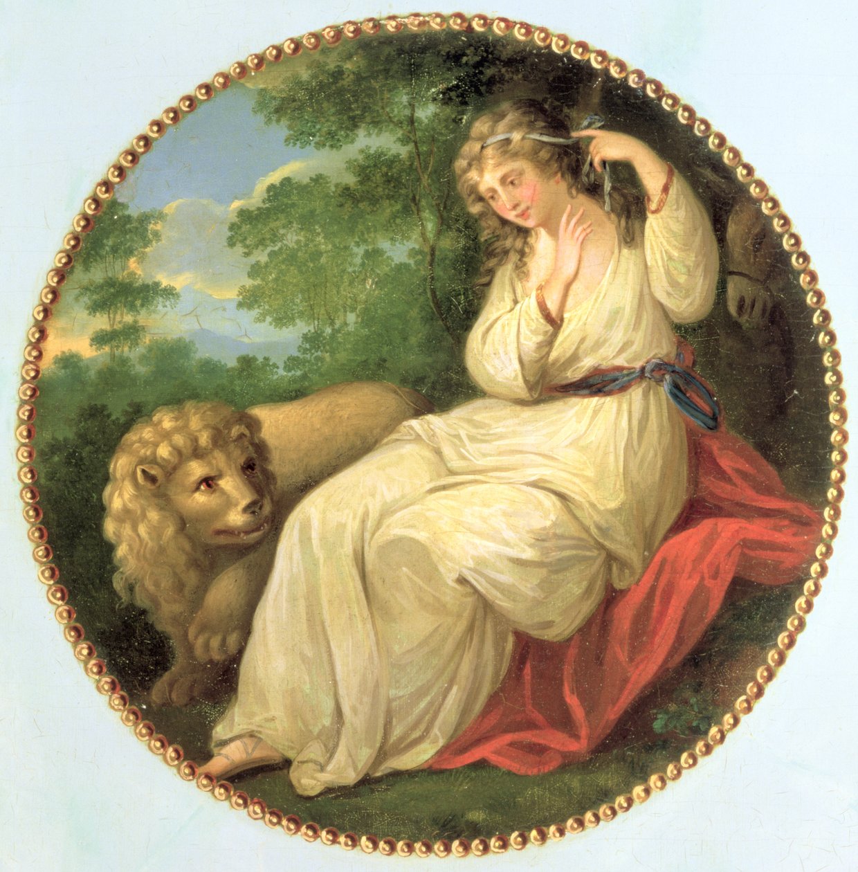 Una és az oroszlán, a rajz Thomas Burke (1749-1815) 1783-as metszetéről származik, Angelica Kauffman (1741-1807) után, a III. György komód három díszítő medáljának egyike, 1790 körül (panel) alkotó: George Brookshaw