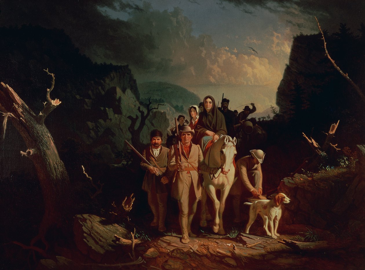 Daniel Boone telepeseket kísért át a Cumberland-résen, 1851-52 alkotó: George Caleb Bingham