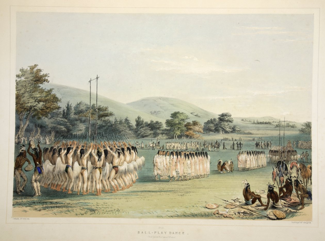 Ball-Player Dance, a Catlins észak-amerikai indián portfóliójából. Vadászjelenetek és mulatságok a Sziklás-hegységről és Amerika prérieiről, pub. 1845 alkotó: George Catlin