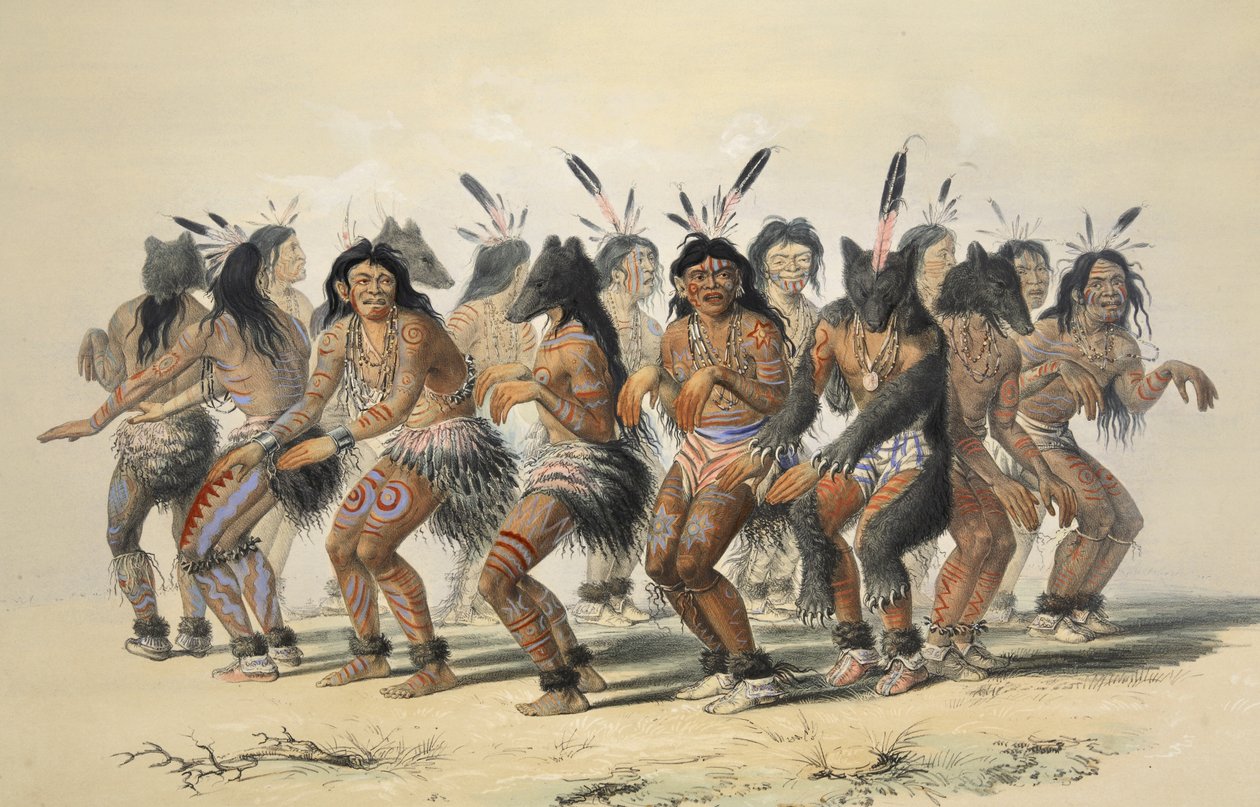 The Bear Dance (részlet), a Catlins észak-amerikai indián portfóliójából. Vadászjelenetek és mulatságok a Sziklás-hegységről és Amerika prérieiről, pub. 1845 alkotó: George Catlin