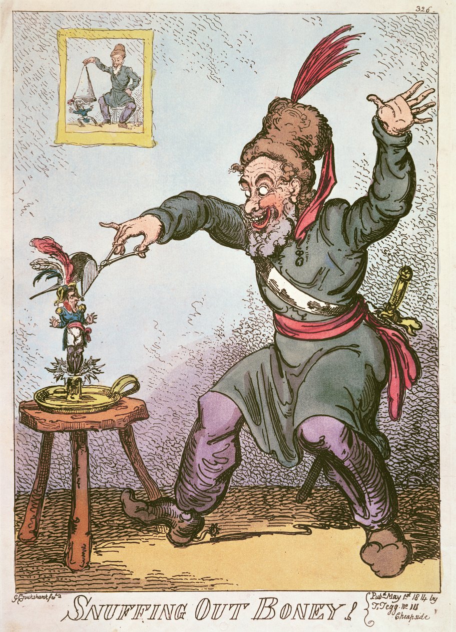 Snuffing out Boney, 1814 (színes litográfia) alkotó: George Cruikshank