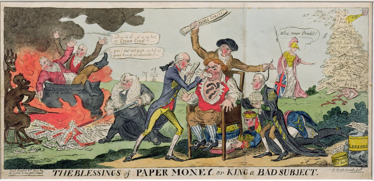 A papírpénz áldása vagy a rossz téma királya, 1811-ben jelent meg alkotó: George Cruikshank