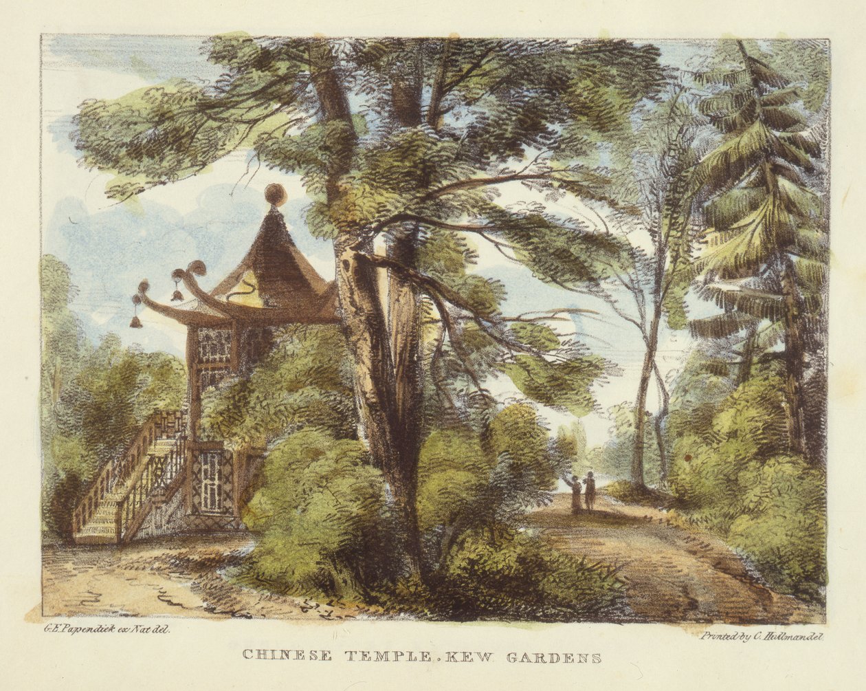 Kínai templom, Kew Gardens, 13. tábla a „Kew Gardens: A Series of Twenty-4 Drawings on Stone”-ból, Charles Hullmandel (1789-1850) metszete, 1820-ban megjelent (kézzel színezett litó) alkotó: George Ernest Papendiek