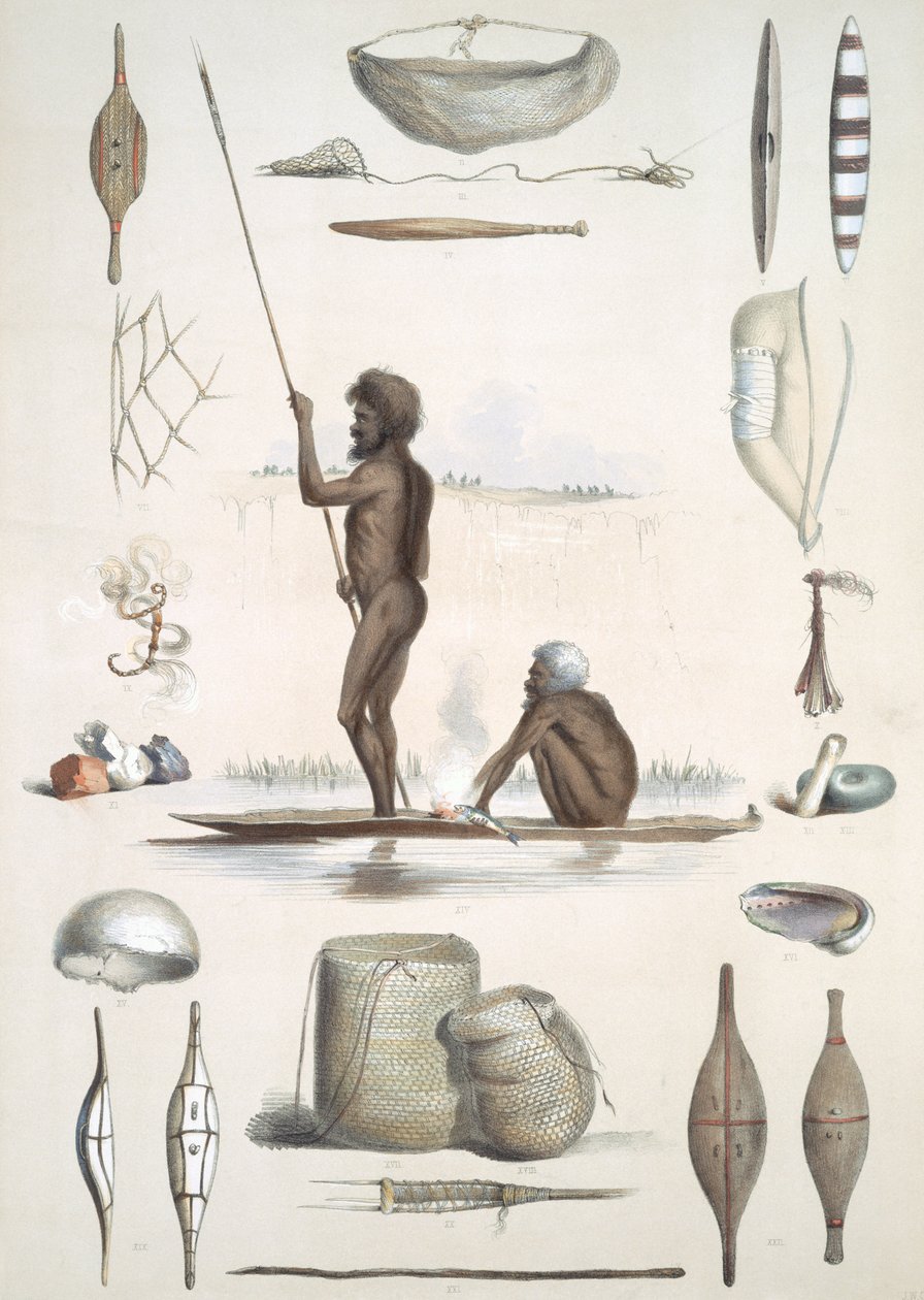 Az őslakosok: az 1847-ben kiadott "South Australia Illustrated" című kiadványból (kézi színes metszet). alkotó: George French Angas