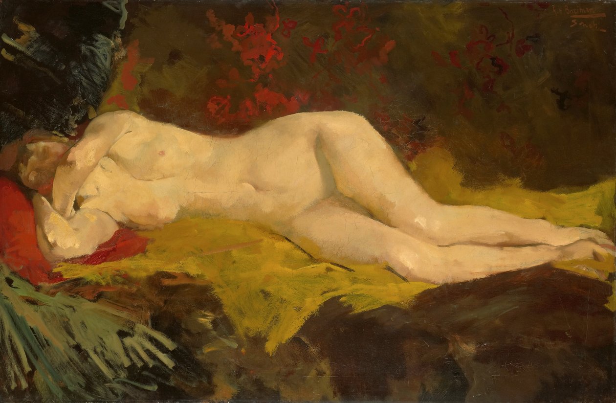 Anne meztelenül fekszik egy sárga ruhán. alkotó: George Hendrik Breitner