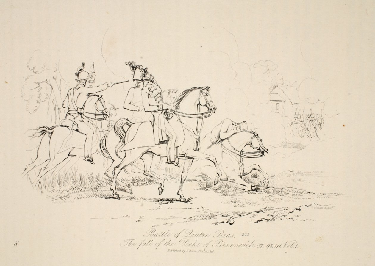 Quatre Bras-i csata: Brunswick hercegének bukása, kocsma. J. Booth, 1816 alkotó: George Jones