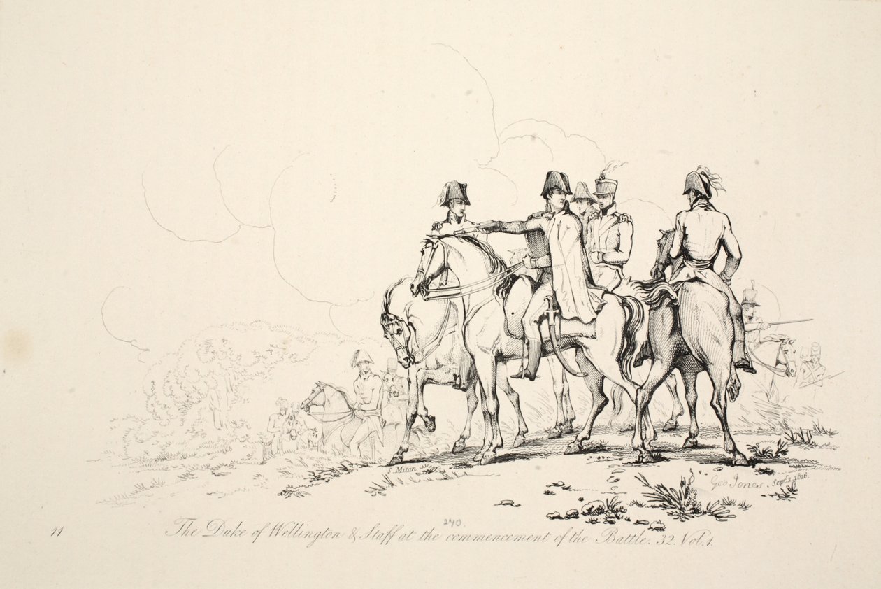 Wellington hercege és személyzete a csata kezdetén, kocsma. J. Booth, 1816 alkotó: George Jones