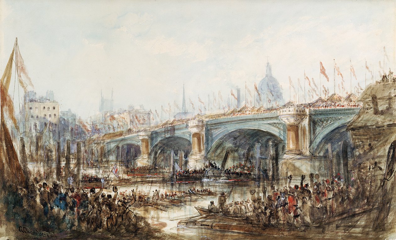 Kilátás az új Blackfriars híd megnyitójáról, Viktória királynő (1819-1901) 1869. november 6-án alkotó: George the Younger Chambers