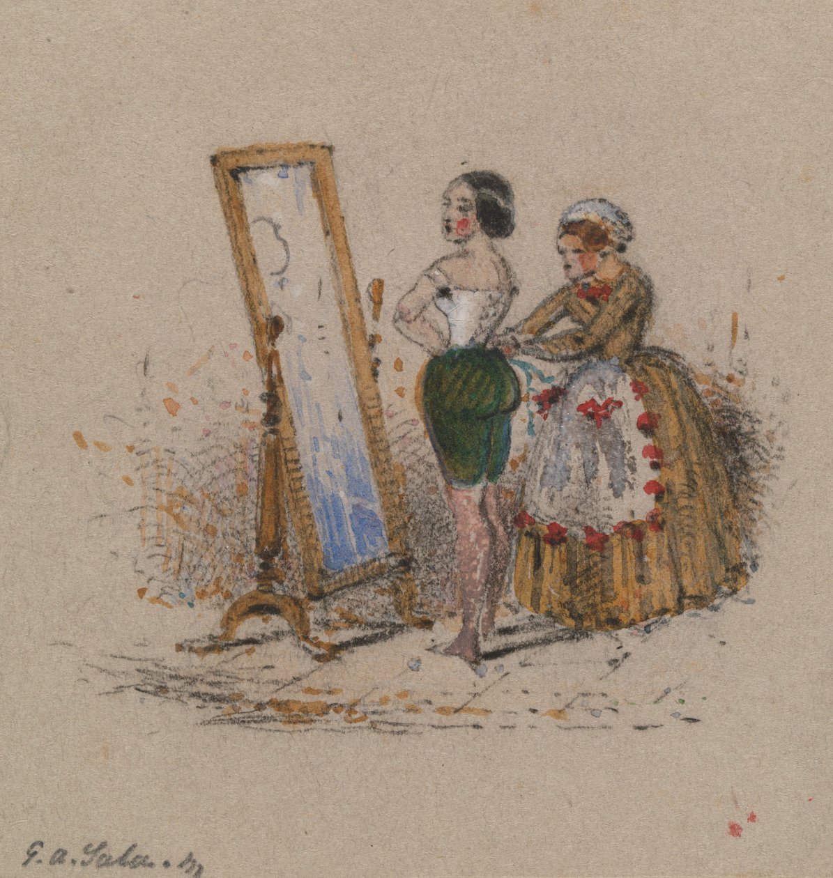 Női öltözködés, szobalánnyal alkotó: George Augustus Sala
