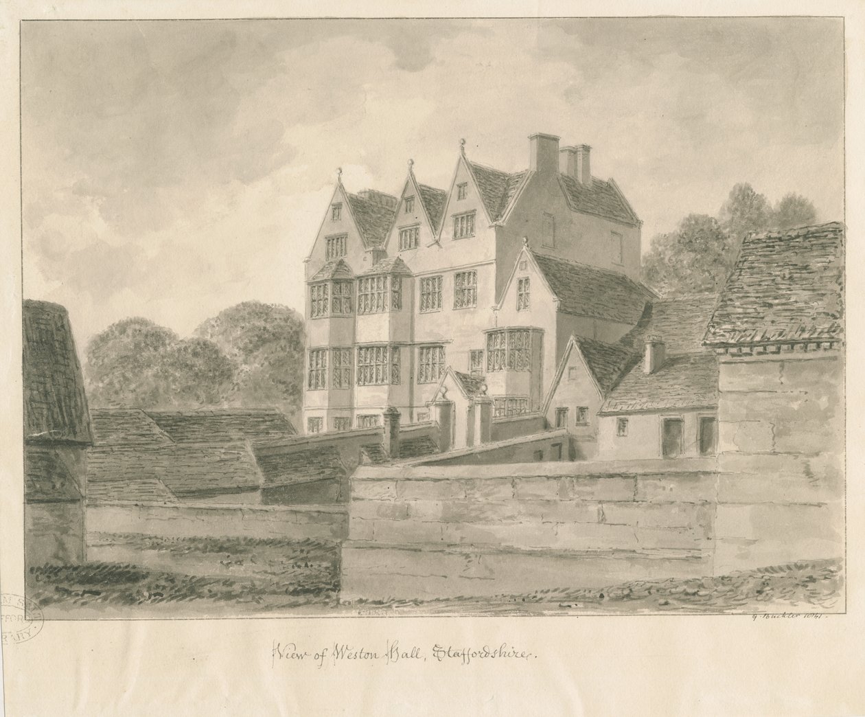 Weston-on-Trent – Hall: szépia rajz, 1841 alkotó: George Buckler