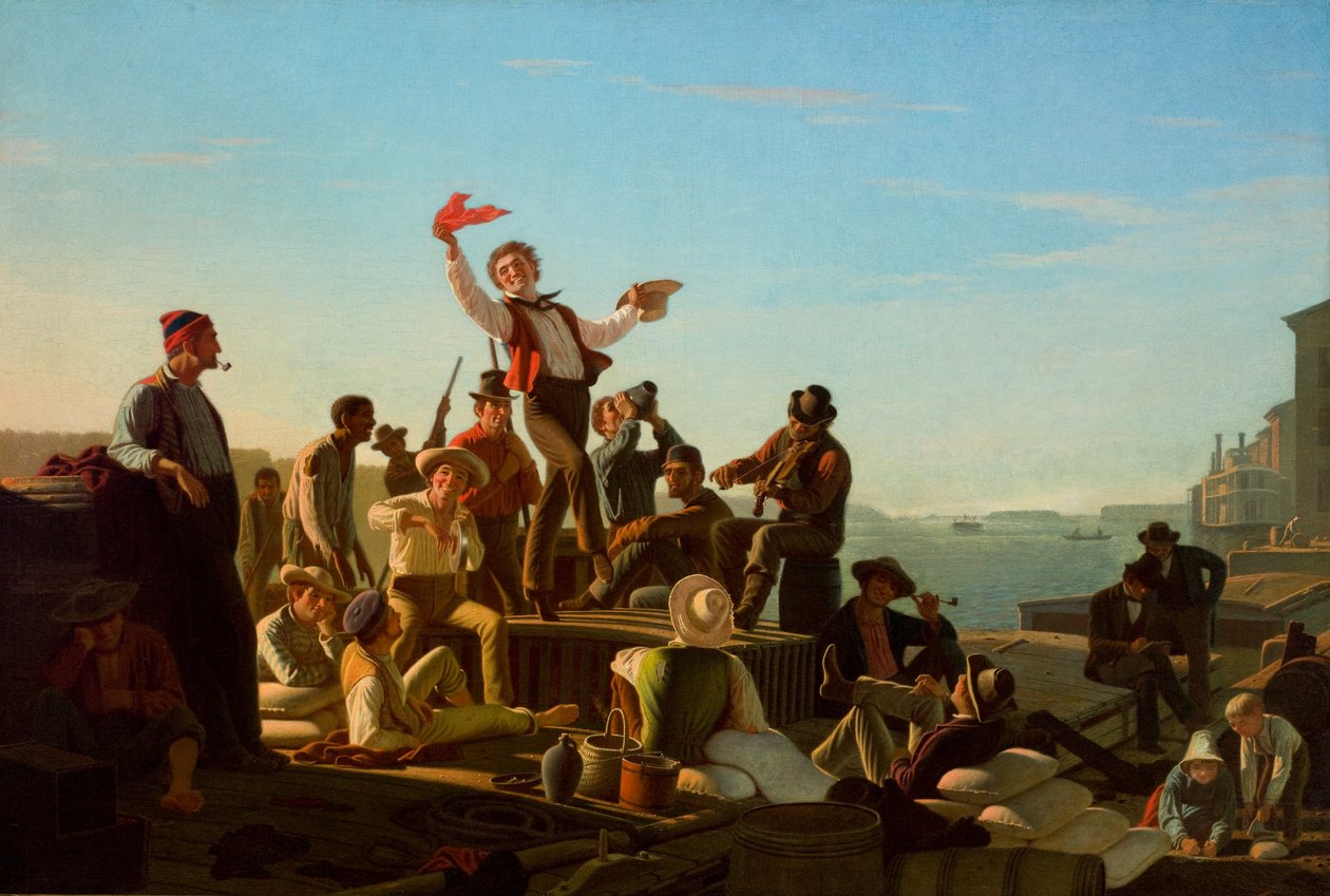 Jolly Flatboatmen a kikötőben alkotó: George Caleb Bingham